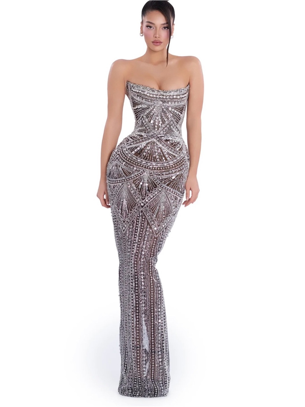 Albina Dyla Stardust Elegance Silver Strapless Sequin Evening Gown